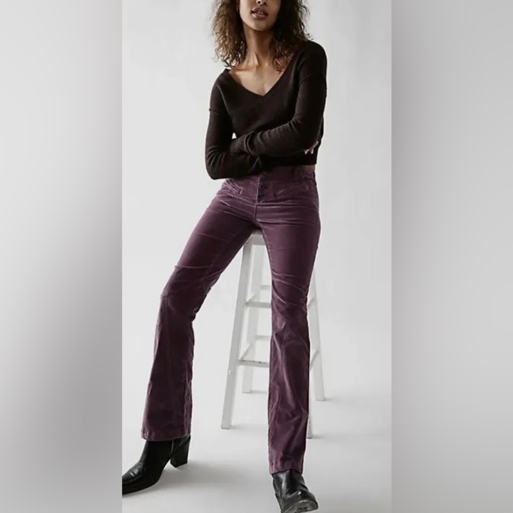 Free People Hit Back Slim Flare Pants Fig Jam